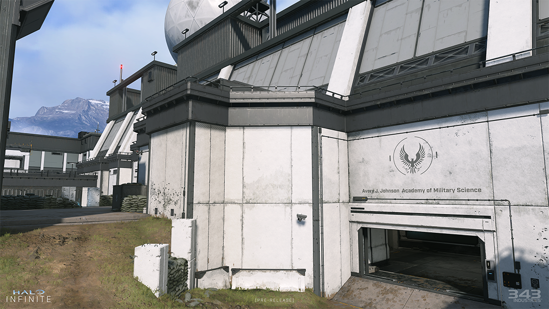 An exterior view of Live Fire, a map for Halo Infinite