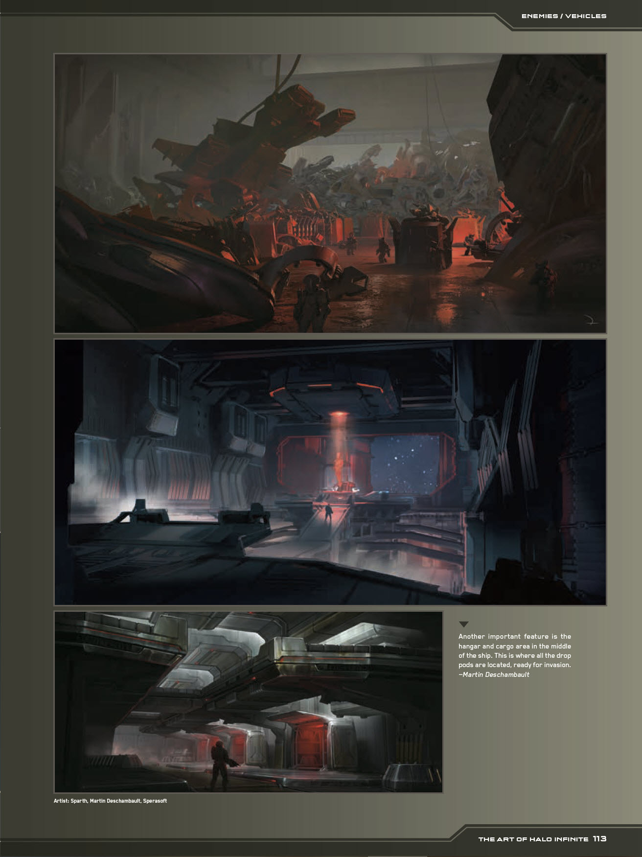 Concept artwork of an UNSC hangar and cargo area on a ship