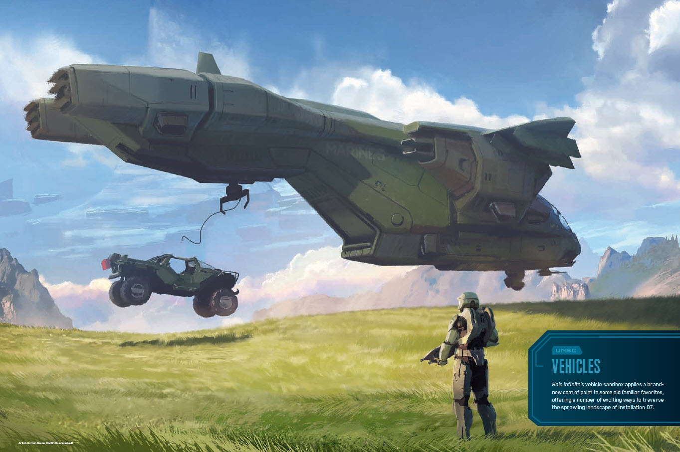 Concept art of UNSC Pelican dropping off a vehicle