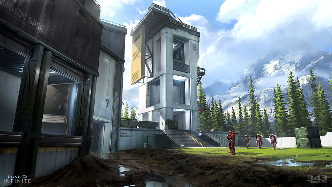 Halo Infinite map artwork with red Spartan