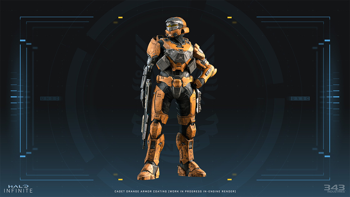 Halo Infinite Spartan in a cadet orange armor coating