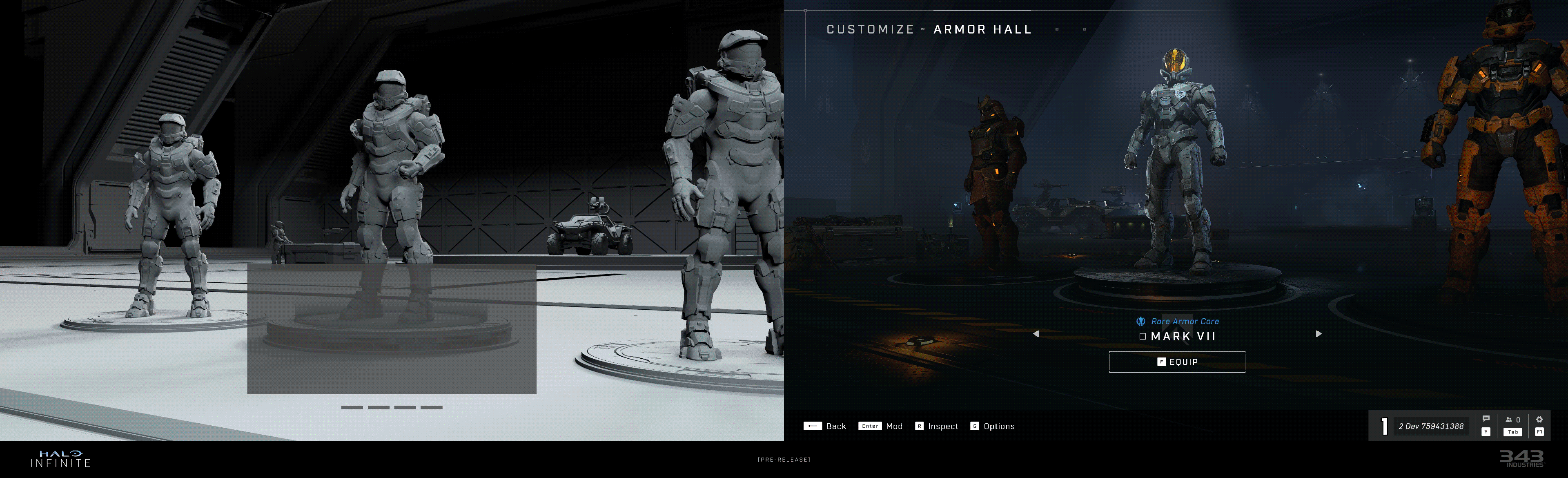 An animated GIF showing early protoytpes and the finished result for the Halo Infinite Armor Hall and customization UI.