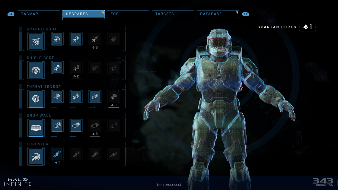 Screenshot of Master Chief's armor upgrade menu from Halo Infinite