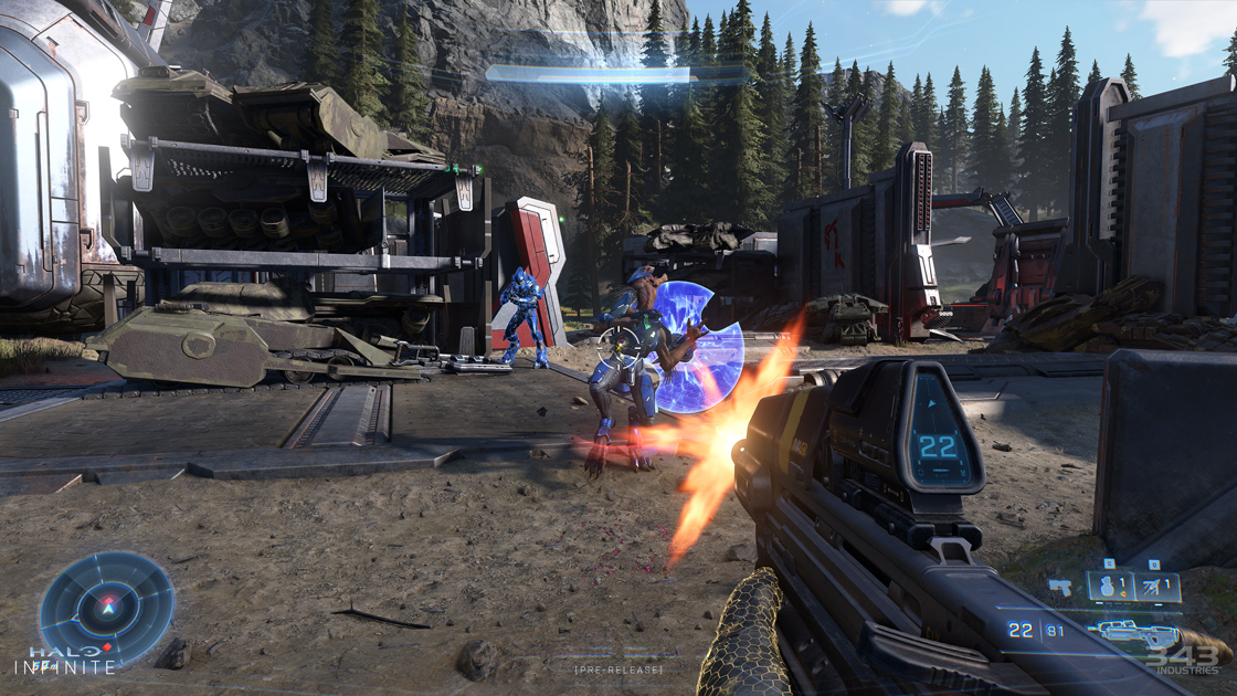 A Halo Infinite Campaign screenshot depicting the first-person HUD during a battle against the Banished