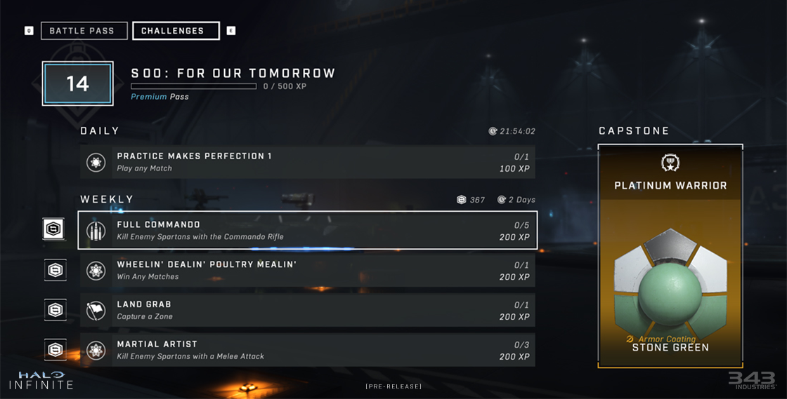 An example of Daily and Weekly Challenges in the Multiplayer Tech Preview build for Halo Infinite.