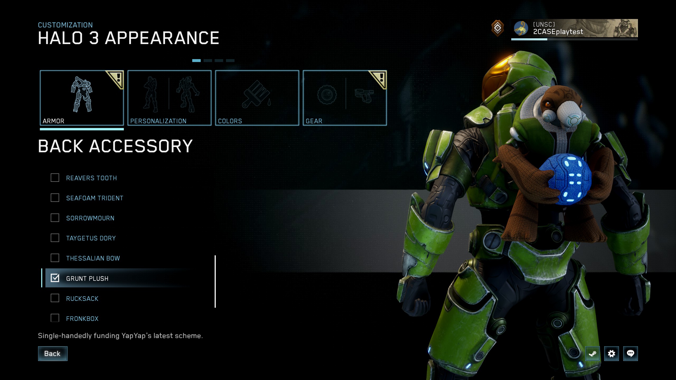 Spartan wearing a Grunt Plush as a back accessory in Halo 3