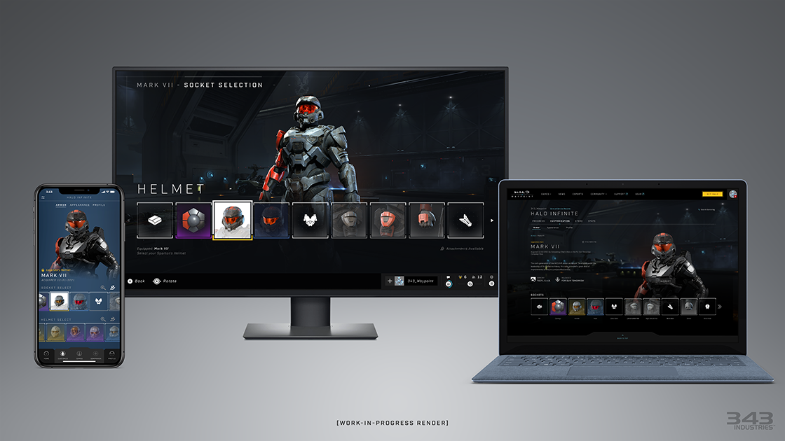 Halo Infinite Customization shown on App (Left), Game (Center), and Web (Right)