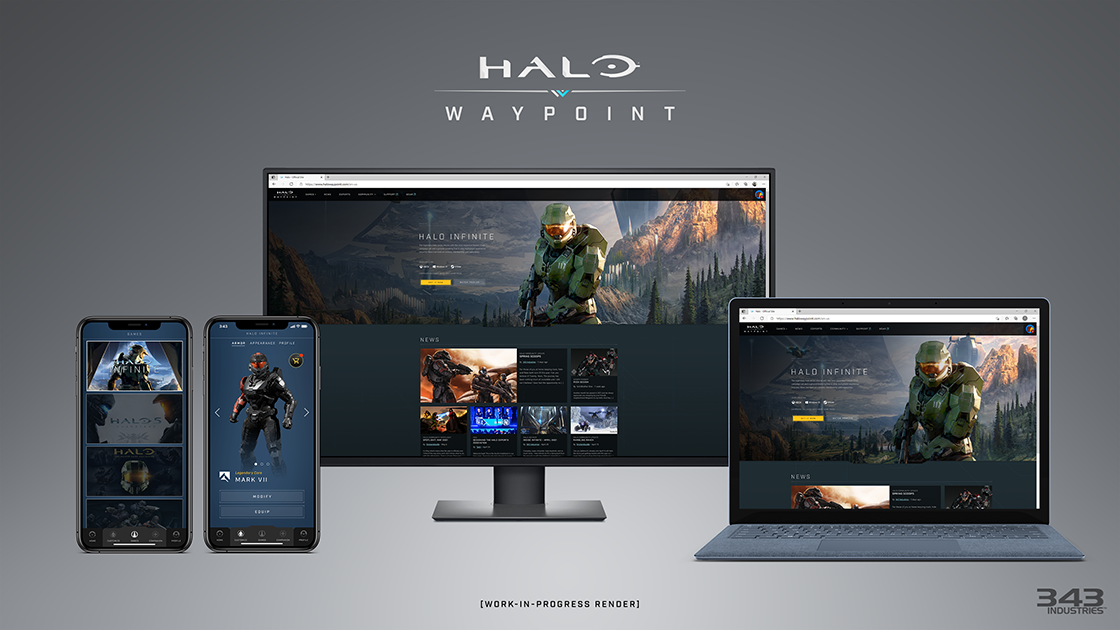 Halo Waypoint includes the mobile App (left) and the website for your computer (center, right) or mobile web browser.