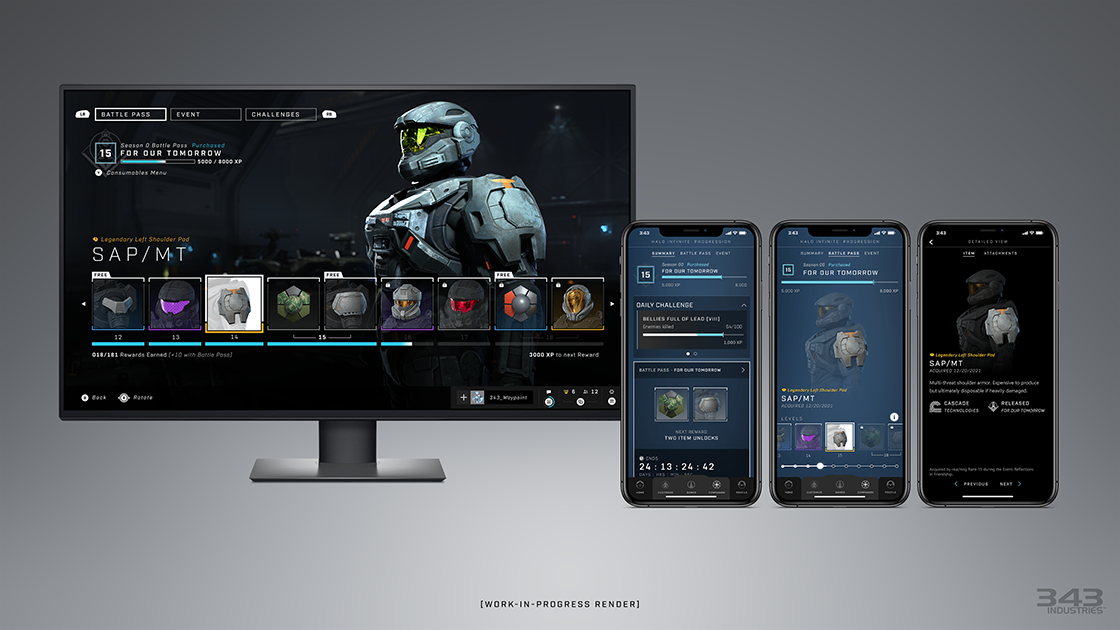 Halo Infinite Progression shown on Game (left) and App (right)