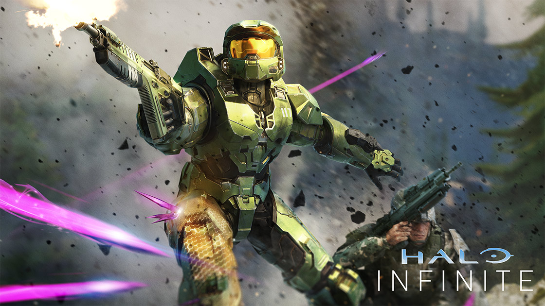 Master Chief protecting UNSC soldier in battle