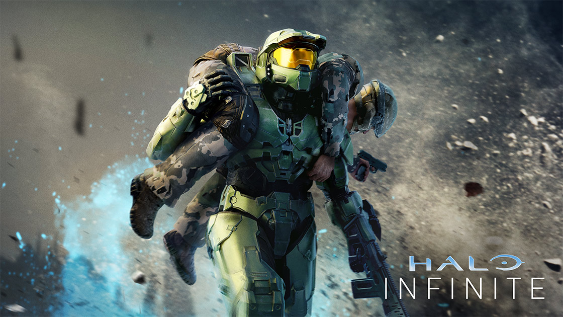 Master Chief carrying a wounded soldier over his shoulders