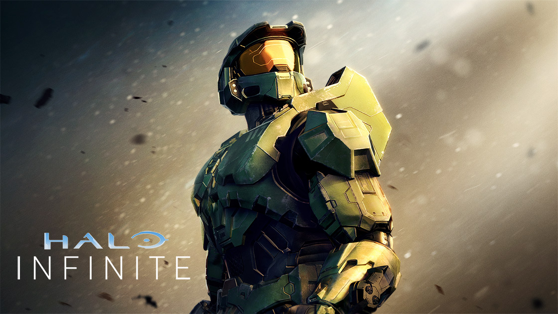 Master Chief standing heroically looking up to his left