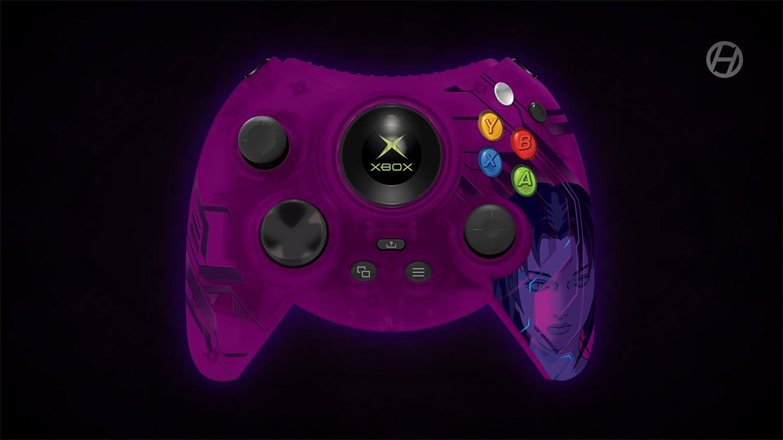 Purple Duke controller by Hyperkin with Cortana on the lower right