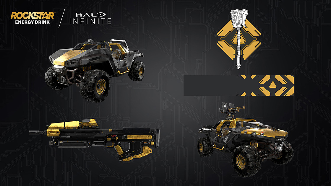 Rockstar Energy Drink partnership with Halo Infinite which comes with Rockstar vehicle and weapon skins, nameplates, and emblems.
